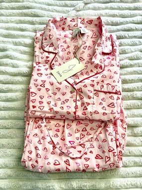 Joie Pink Pajama Set with Red Heart Print sz M